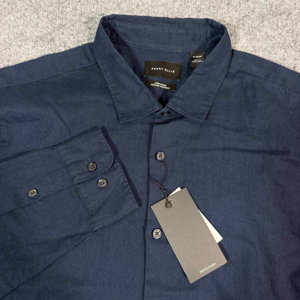 Perry Ellis Button Down Shirt Roll Tab Mens XL Navy Blue Linen Cotton Blend NWT